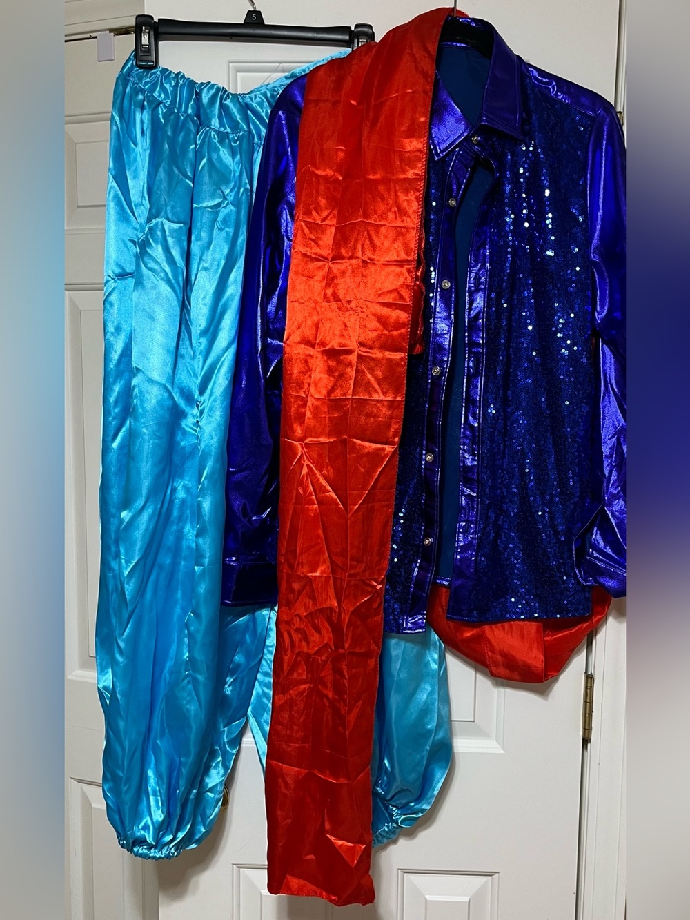 Adult Aladdin Genie Costume Set Blue Sequins Pants Scarf- M